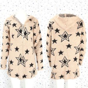 Fuzzy Knit Star Pattern Hooded Cardigan